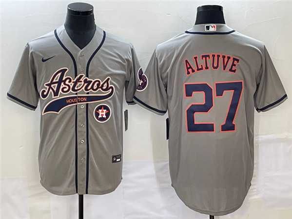 Men%27s Houston Astros #27 Jose Altuve Gray With Patch Cool Base Stitched Baseball Jersey